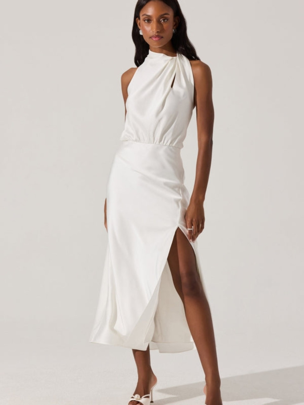 Elegant White Satin Halter Midi Dress with Side Slit  - ASTR The Label Size S